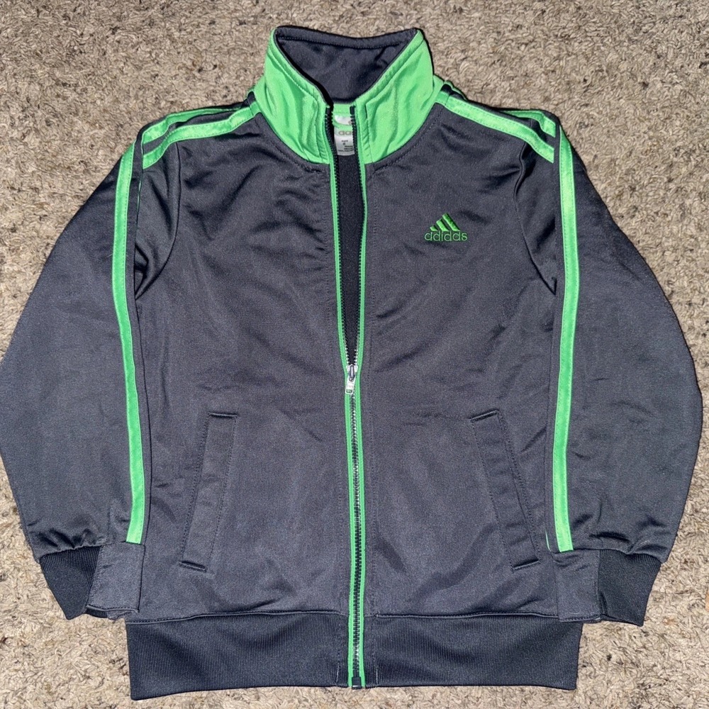 Adidas‎ Boys Spell out Logo On Back Full Zip Jacket Mock Neck Neon Gray Size 5